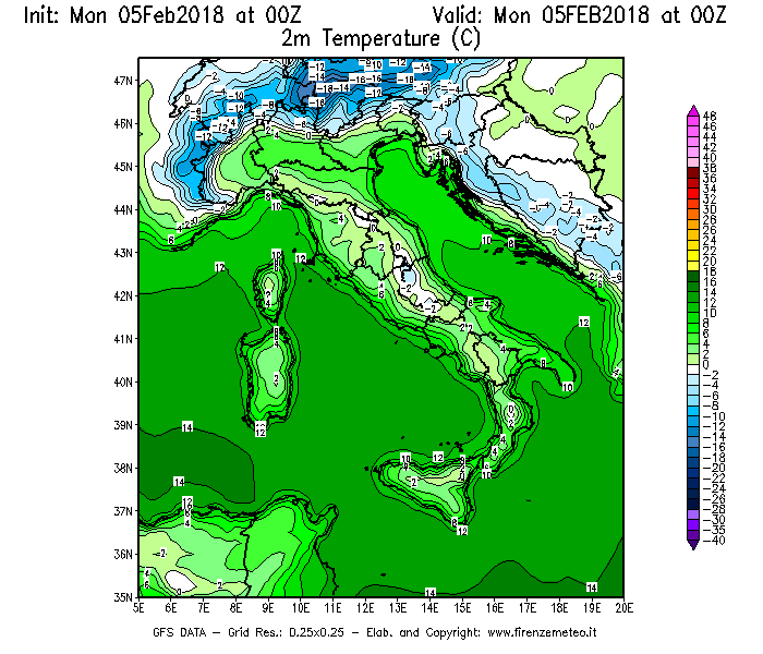 Mappa di analisi GFS - Temperatura a 2 metri dal suolo [°C] in Italia
									del 05/02/2018 00 <!--googleoff: index-->UTC<!--googleon: index-->
