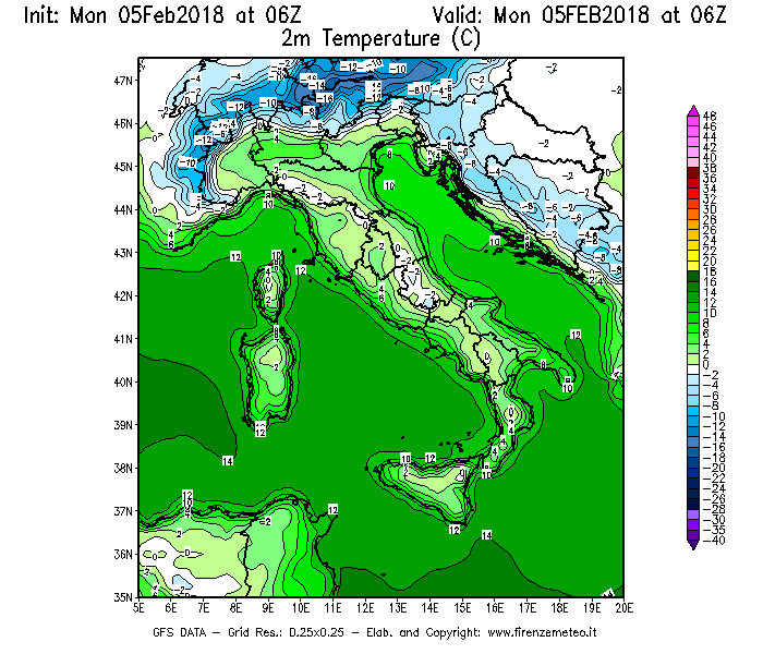 Mappa di analisi GFS - Temperatura a 2 metri dal suolo [°C] in Italia
									del 05/02/2018 06 <!--googleoff: index-->UTC<!--googleon: index-->