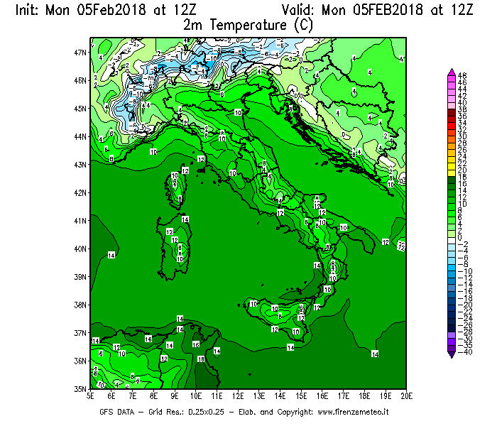 Mappa di analisi GFS - Temperatura a 2 metri dal suolo [°C] in Italia
									del 05/02/2018 12 <!--googleoff: index-->UTC<!--googleon: index-->