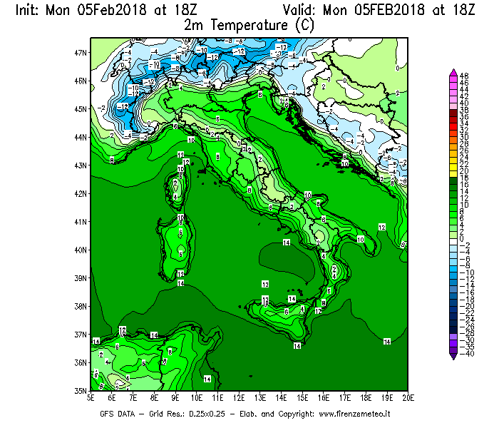 Mappa di analisi GFS - Temperatura a 2 metri dal suolo [°C] in Italia
							del 05/02/2018 18 <!--googleoff: index-->UTC<!--googleon: index-->