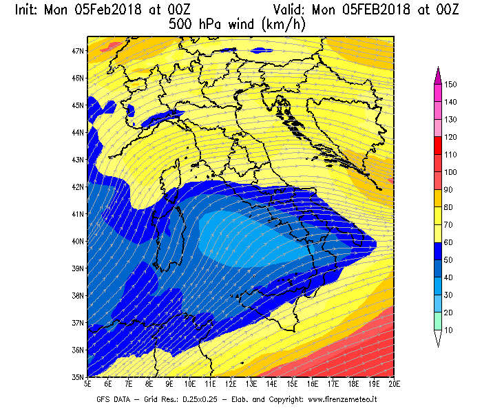 Mappa di analisi GFS - Velocità del vento a 500 hPa [km/h] in Italia
									del 05/02/2018 00 <!--googleoff: index-->UTC<!--googleon: index-->