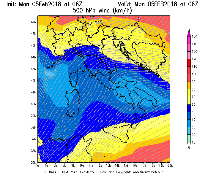 Mappa di analisi GFS - Velocità del vento a 500 hPa [km/h] in Italia
							del 05/02/2018 06 <!--googleoff: index-->UTC<!--googleon: index-->