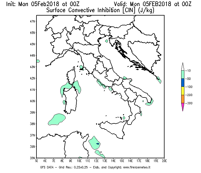 Mappa di analisi GFS - CIN [J/kg] in Italia
									del 05/02/2018 00 <!--googleoff: index-->UTC<!--googleon: index-->