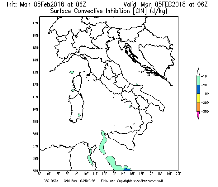 Mappa di analisi GFS - CIN [J/kg] in Italia
									del 05/02/2018 06 <!--googleoff: index-->UTC<!--googleon: index-->