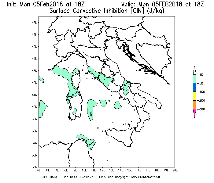 Mappa di analisi GFS - CIN [J/kg] in Italia
							del 05/02/2018 18 <!--googleoff: index-->UTC<!--googleon: index-->