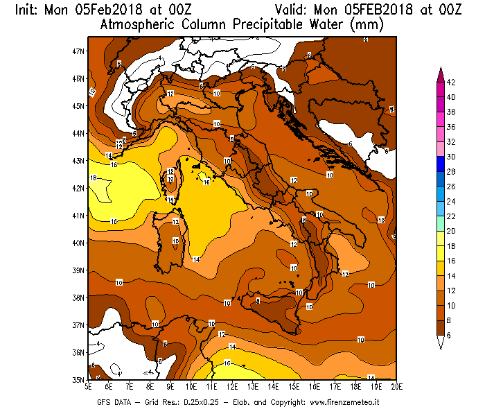 Mappa di analisi GFS - Precipitable Water [mm] in Italia
							del 05/02/2018 00 <!--googleoff: index-->UTC<!--googleon: index-->