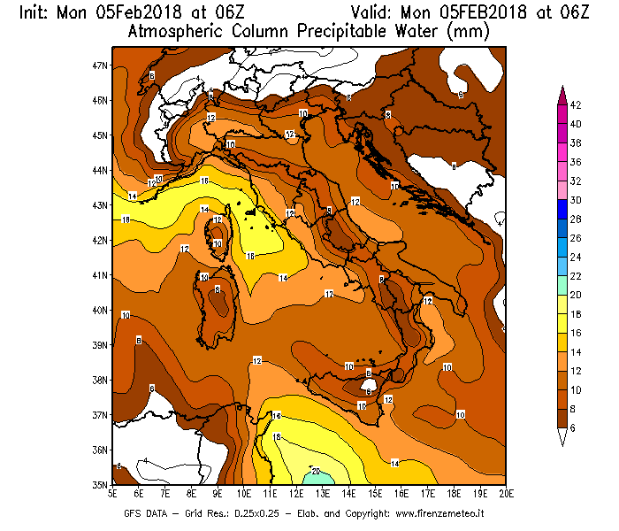 Mappa di analisi GFS - Precipitable Water [mm] in Italia
									del 05/02/2018 06 <!--googleoff: index-->UTC<!--googleon: index-->