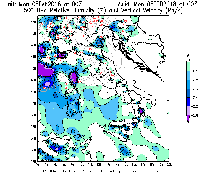 Mappa di analisi GFS - Umidità relativa [%] e Omega [Pa/s] a 500 hPa in Italia
							del 05/02/2018 00 <!--googleoff: index-->UTC<!--googleon: index-->