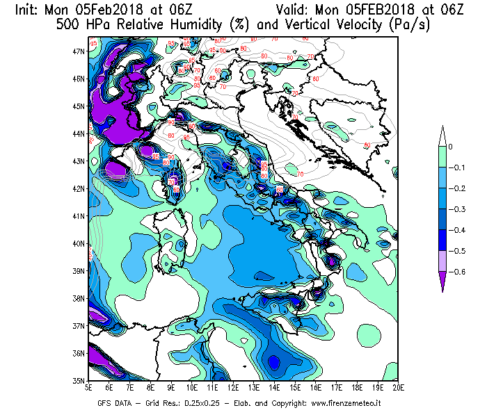Mappa di analisi GFS - Umidità relativa [%] e Omega [Pa/s] a 500 hPa in Italia
									del 05/02/2018 06 <!--googleoff: index-->UTC<!--googleon: index-->