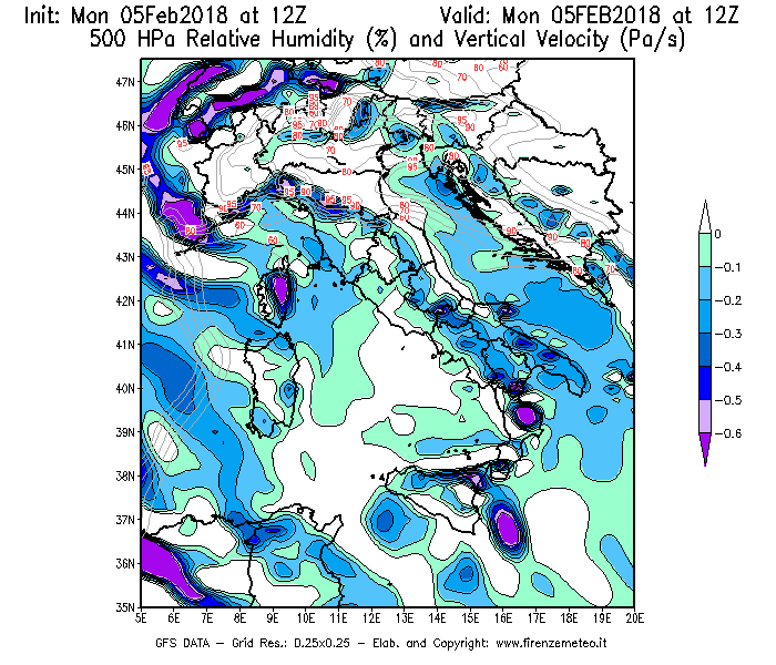 Mappa di analisi GFS - Umidità relativa [%] e Omega [Pa/s] a 500 hPa in Italia
									del 05/02/2018 12 <!--googleoff: index-->UTC<!--googleon: index-->