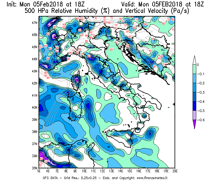 Mappa di analisi GFS - Umidità relativa [%] e Omega [Pa/s] a 500 hPa in Italia
									del 05/02/2018 18 <!--googleoff: index-->UTC<!--googleon: index-->