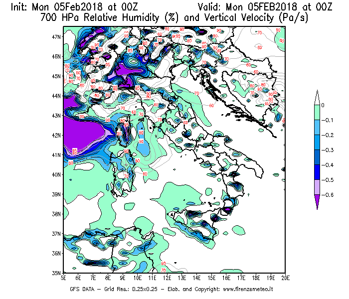 Mappa di analisi GFS - Umidità relativa [%] e Omega [Pa/s] a 700 hPa in Italia
									del 05/02/2018 00 <!--googleoff: index-->UTC<!--googleon: index-->
