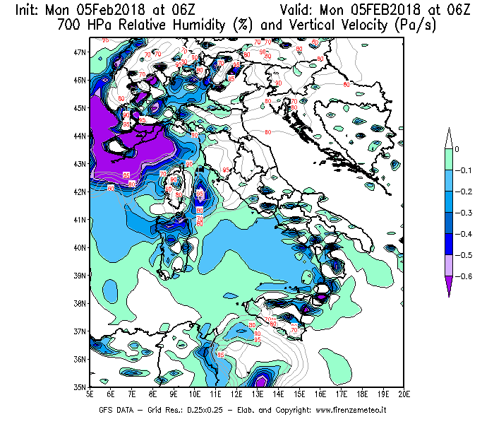 Mappa di analisi GFS - Umidità relativa [%] e Omega [Pa/s] a 700 hPa in Italia
									del 05/02/2018 06 <!--googleoff: index-->UTC<!--googleon: index-->