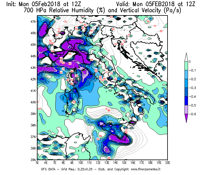 Mappa di analisi GFS - Umidità relativa [%] e Omega [Pa/s] a 700 hPa in Italia
							del 05/02/2018 12 <!--googleoff: index-->UTC<!--googleon: index-->