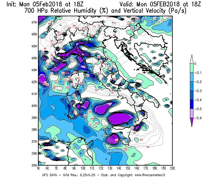 Mappa di analisi GFS - Umidità relativa [%] e Omega [Pa/s] a 700 hPa in Italia
									del 05/02/2018 18 <!--googleoff: index-->UTC<!--googleon: index-->