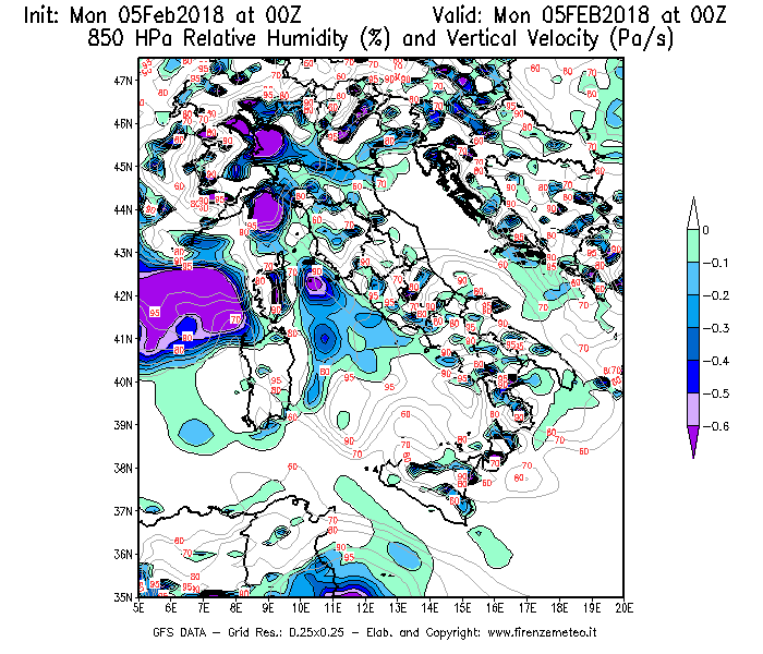 Mappa di analisi GFS - Umidità relativa [%] e Omega [Pa/s] a 850 hPa in Italia
							del 05/02/2018 00 <!--googleoff: index-->UTC<!--googleon: index-->