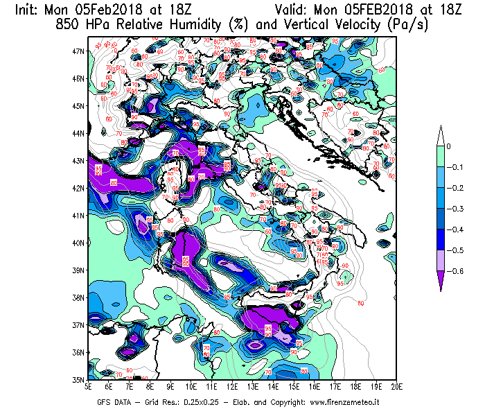 Mappa di analisi GFS - Umidità relativa [%] e Omega [Pa/s] a 850 hPa in Italia
									del 05/02/2018 18 <!--googleoff: index-->UTC<!--googleon: index-->