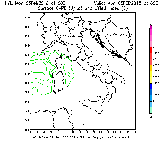 Mappa di analisi GFS - CAPE [J/kg] e Lifted Index [°C] in Italia
							del 05/02/2018 00 <!--googleoff: index-->UTC<!--googleon: index-->