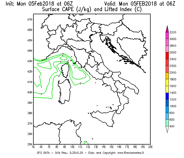 Mappa di analisi GFS - CAPE [J/kg] e Lifted Index [°C] in Italia
									del 05/02/2018 06 <!--googleoff: index-->UTC<!--googleon: index-->