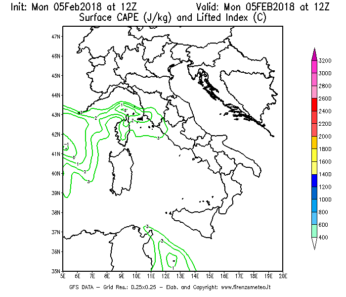 Mappa di analisi GFS - CAPE [J/kg] e Lifted Index [°C] in Italia
							del 05/02/2018 12 <!--googleoff: index-->UTC<!--googleon: index-->