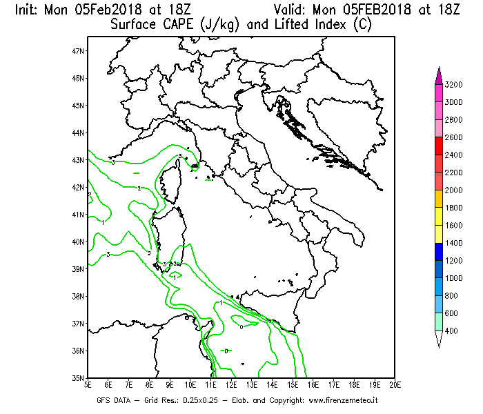 Mappa di analisi GFS - CAPE [J/kg] e Lifted Index [°C] in Italia
							del 05/02/2018 18 <!--googleoff: index-->UTC<!--googleon: index-->