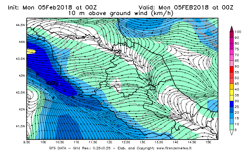 Mappa di analisi GFS - Velocità del vento a 10 metri dal suolo [km/h] in Centro-Italia
									del 05/02/2018 00 <!--googleoff: index-->UTC<!--googleon: index-->