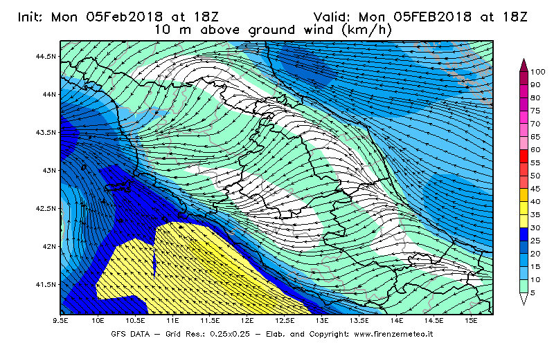 Mappa di analisi GFS - Velocità del vento a 10 metri dal suolo [km/h] in Centro-Italia
									del 05/02/2018 18 <!--googleoff: index-->UTC<!--googleon: index-->
