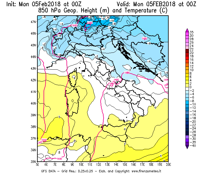 Mappa di analisi GFS - Geopotenziale [m] e Temperatura [°C] a 850 hPa in Italia
							del 05/02/2018 00 <!--googleoff: index-->UTC<!--googleon: index-->
