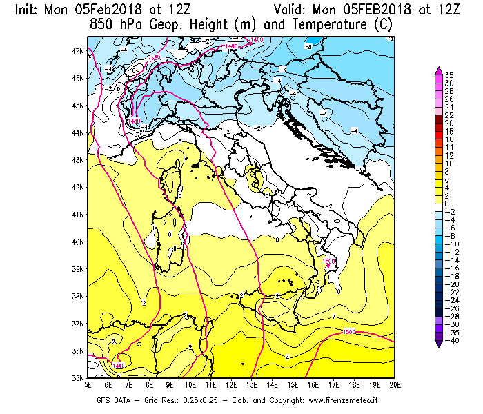 Mappa di analisi GFS - Geopotenziale [m] e Temperatura [°C] a 850 hPa in Italia
									del 05/02/2018 12 <!--googleoff: index-->UTC<!--googleon: index-->