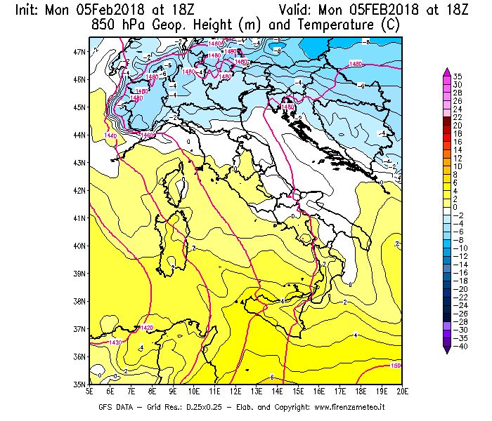 Mappa di analisi GFS - Geopotenziale [m] e Temperatura [°C] a 850 hPa in Italia
							del 05/02/2018 18 <!--googleoff: index-->UTC<!--googleon: index-->
