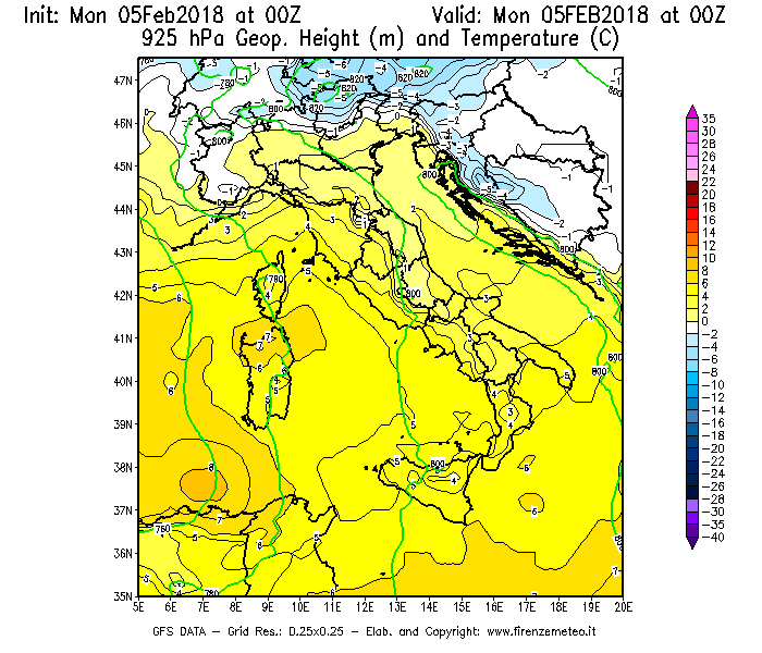 Mappa di analisi GFS - Geopotenziale [m] e Temperatura [°C] a 925 hPa in Italia
							del 05/02/2018 00 <!--googleoff: index-->UTC<!--googleon: index-->
