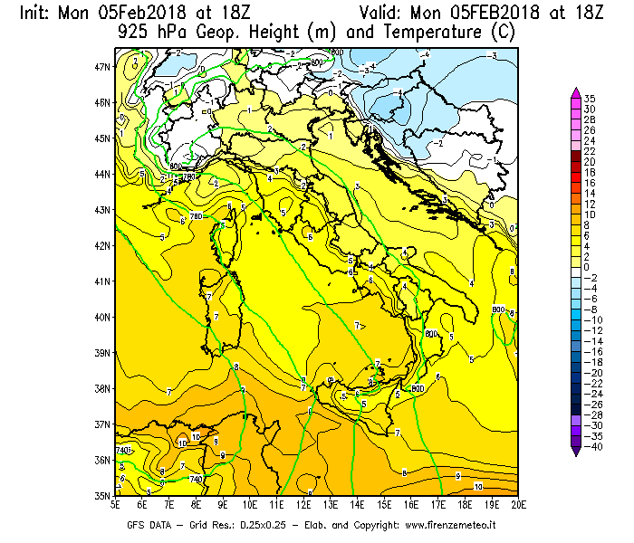 Mappa di analisi GFS - Geopotenziale [m] e Temperatura [°C] a 925 hPa in Italia
							del 05/02/2018 18 <!--googleoff: index-->UTC<!--googleon: index-->