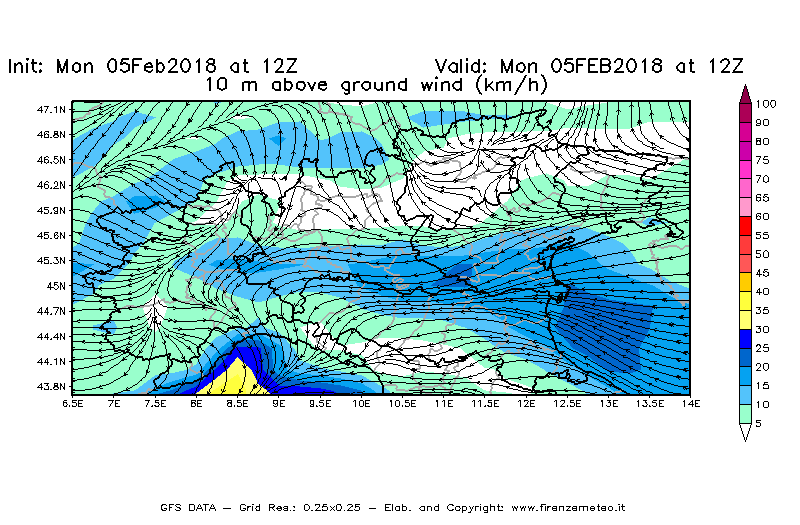 Mappa di analisi GFS - Velocità del vento a 10 metri dal suolo [km/h] in Nord-Italia
									del 05/02/2018 12 <!--googleoff: index-->UTC<!--googleon: index-->
