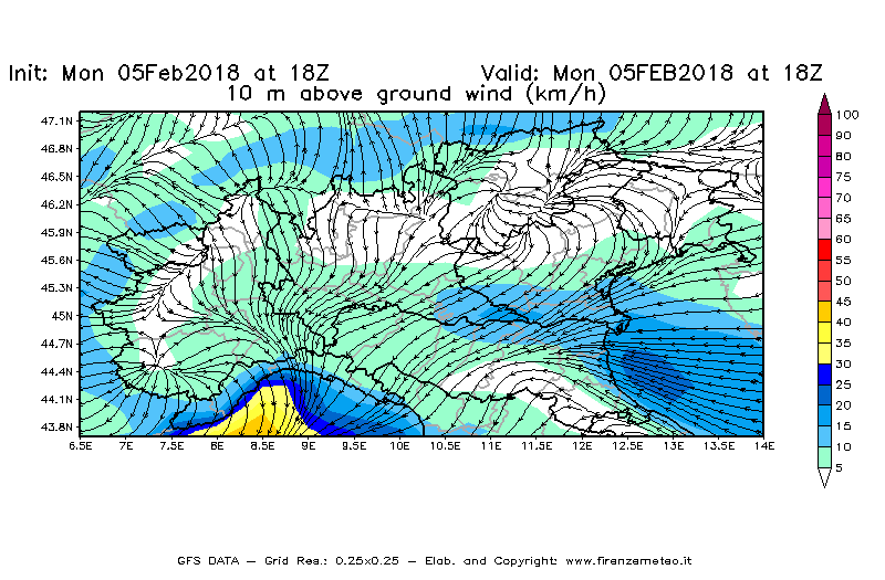 Mappa di analisi GFS - Velocità del vento a 10 metri dal suolo [km/h] in Nord-Italia
									del 05/02/2018 18 <!--googleoff: index-->UTC<!--googleon: index-->