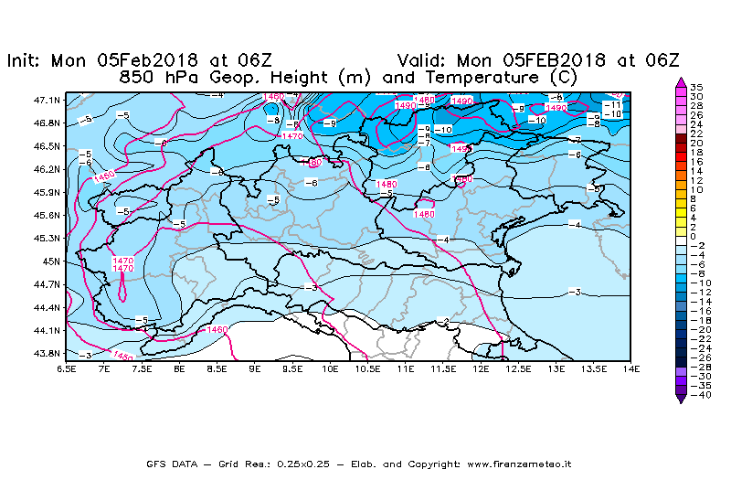 Mappa di analisi GFS - Geopotenziale [m] e Temperatura [°C] a 850 hPa in Nord-Italia
									del 05/02/2018 06 <!--googleoff: index-->UTC<!--googleon: index-->