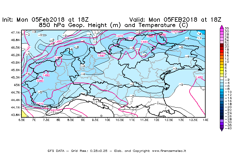 Mappa di analisi GFS - Geopotenziale [m] e Temperatura [°C] a 850 hPa in Nord-Italia
							del 05/02/2018 18 <!--googleoff: index-->UTC<!--googleon: index-->