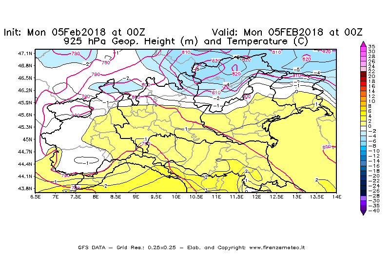 Mappa di analisi GFS - Geopotenziale [m] e Temperatura [°C] a 925 hPa in Nord-Italia
									del 05/02/2018 00 <!--googleoff: index-->UTC<!--googleon: index-->