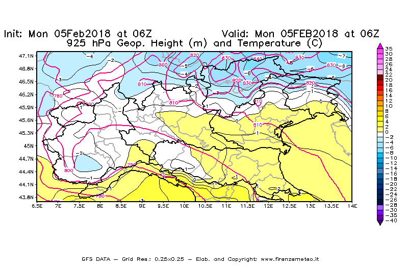 Mappa di analisi GFS - Geopotenziale [m] e Temperatura [°C] a 925 hPa in Nord-Italia
									del 05/02/2018 06 <!--googleoff: index-->UTC<!--googleon: index-->