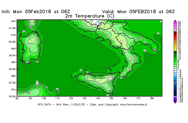 Mappa di analisi GFS - Temperatura a 2 metri dal suolo [°C] in Sud-Italia
									del 05/02/2018 06 <!--googleoff: index-->UTC<!--googleon: index-->