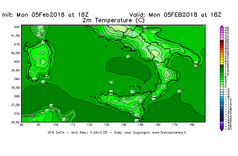 Mappa di analisi GFS - Temperatura a 2 metri dal suolo [°C] in Sud-Italia
							del 05/02/2018 18 <!--googleoff: index-->UTC<!--googleon: index-->