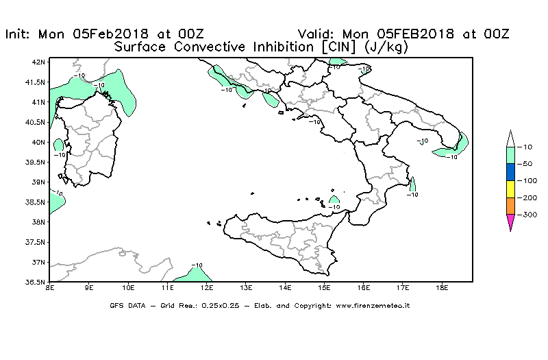 Mappa di analisi GFS - CIN [J/kg] in Sud-Italia
							del 05/02/2018 00 <!--googleoff: index-->UTC<!--googleon: index-->