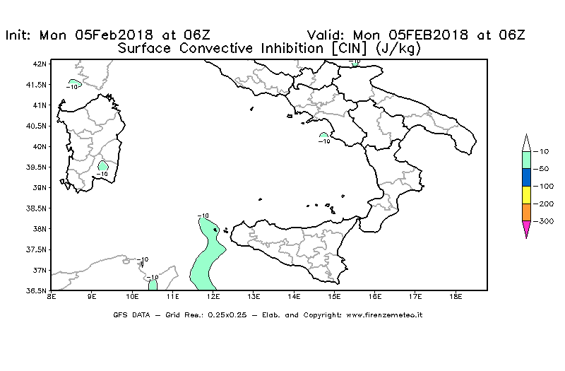 Mappa di analisi GFS - CIN [J/kg] in Sud-Italia
							del 05/02/2018 06 <!--googleoff: index-->UTC<!--googleon: index-->