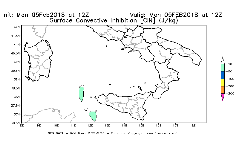 Mappa di analisi GFS - CIN [J/kg] in Sud-Italia
							del 05/02/2018 12 <!--googleoff: index-->UTC<!--googleon: index-->