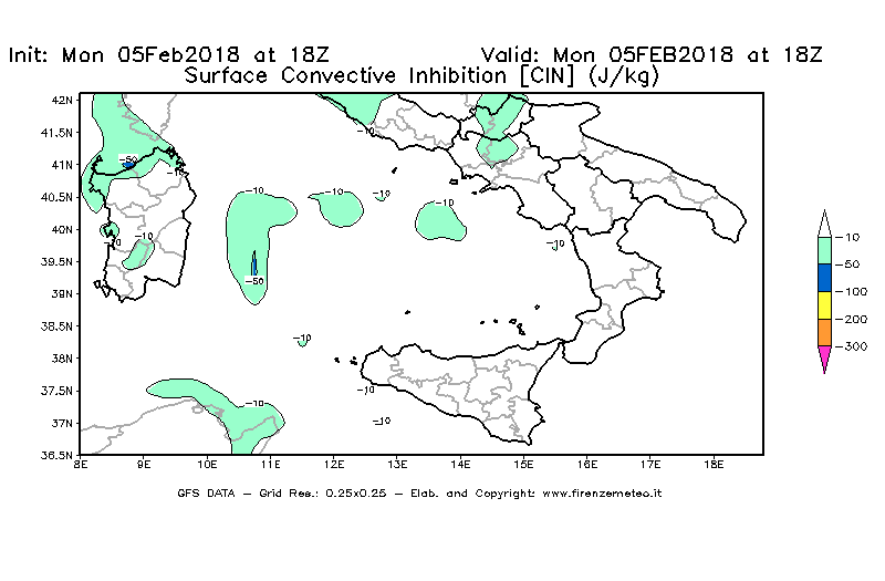 Mappa di analisi GFS - CIN [J/kg] in Sud-Italia
									del 05/02/2018 18 <!--googleoff: index-->UTC<!--googleon: index-->