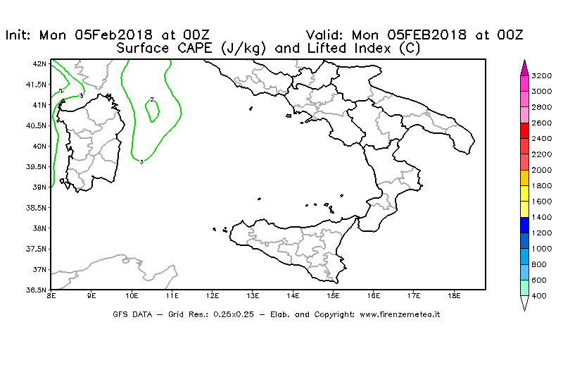 Mappa di analisi GFS - CAPE [J/kg] e Lifted Index [°C] in Sud-Italia
							del 05/02/2018 00 <!--googleoff: index-->UTC<!--googleon: index-->