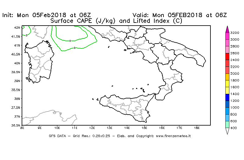 Mappa di analisi GFS - CAPE [J/kg] e Lifted Index [°C] in Sud-Italia
									del 05/02/2018 06 <!--googleoff: index-->UTC<!--googleon: index-->