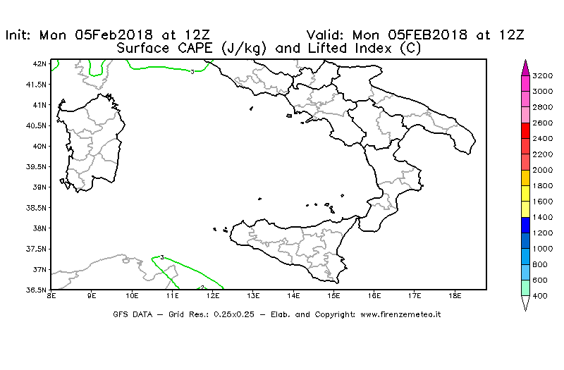 Mappa di analisi GFS - CAPE [J/kg] e Lifted Index [°C] in Sud-Italia
									del 05/02/2018 12 <!--googleoff: index-->UTC<!--googleon: index-->