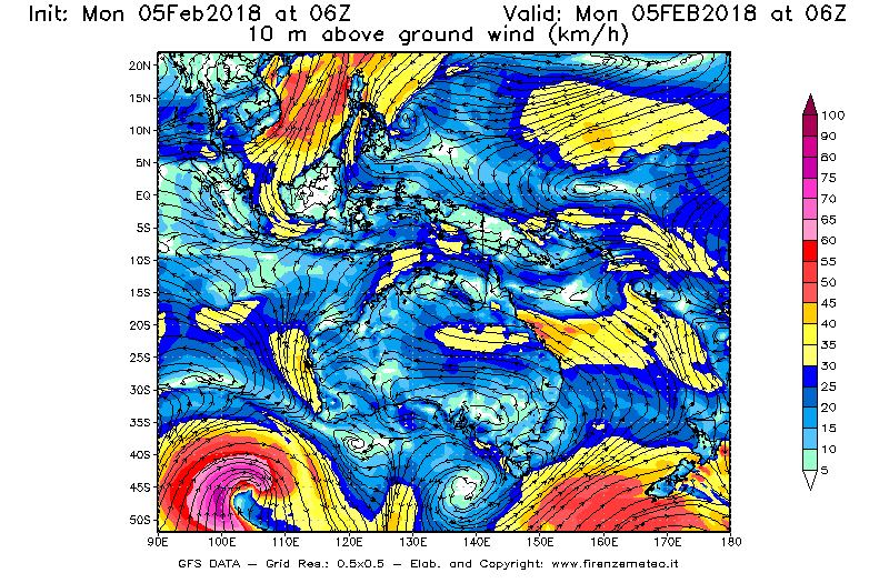 Mappa di analisi GFS - Velocità del vento a 10 metri dal suolo [km/h] in Oceania
									del 05/02/2018 06 <!--googleoff: index-->UTC<!--googleon: index-->