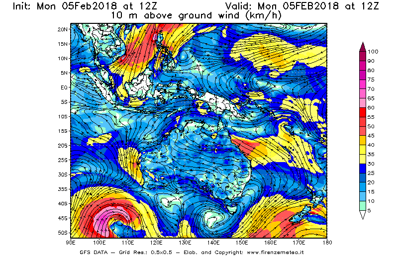 Mappa di analisi GFS - Velocità del vento a 10 metri dal suolo [km/h] in Oceania
									del 05/02/2018 12 <!--googleoff: index-->UTC<!--googleon: index-->