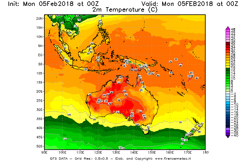 Mappa di analisi GFS - Temperatura a 2 metri dal suolo [°C] in Oceania
									del 05/02/2018 00 <!--googleoff: index-->UTC<!--googleon: index-->